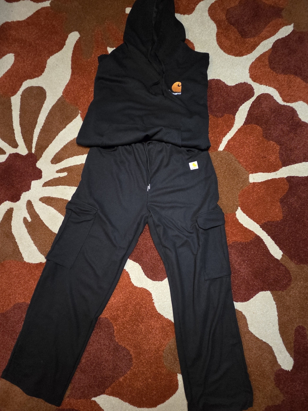 Carhartt Black Hoodie and Cargo Pants Set with Orange Logo